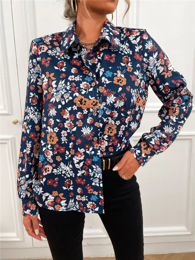 European And American Lapel Printed Shirt Dark Blue - Shop at LoveMi
