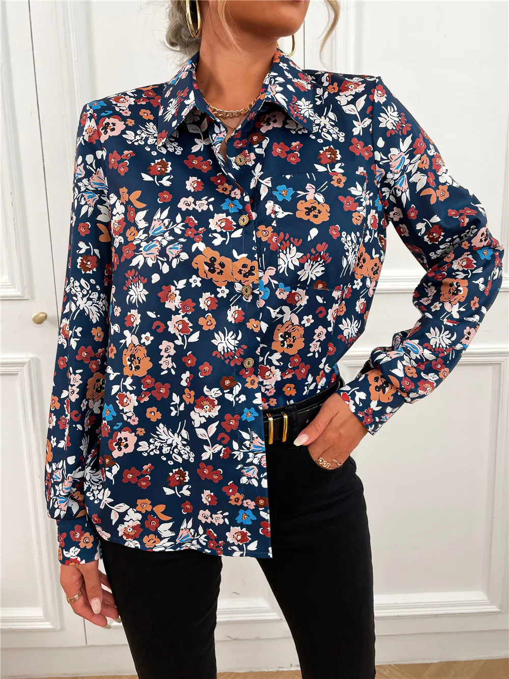 European And American Lapel Printed Shirt - Dark Blue