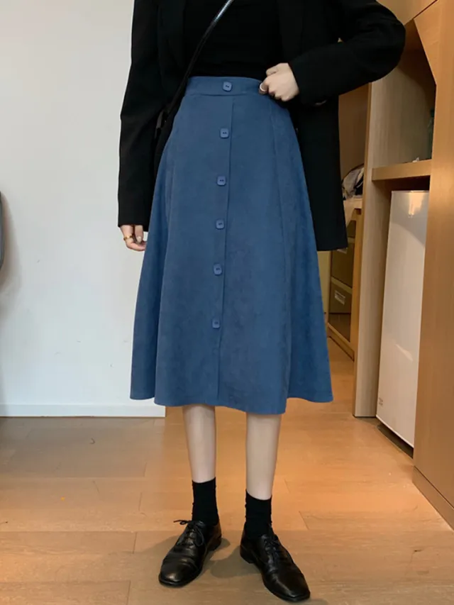 A line Half length Women's Mid length High waist Skirt Winter Blue - Shop at LoveMi