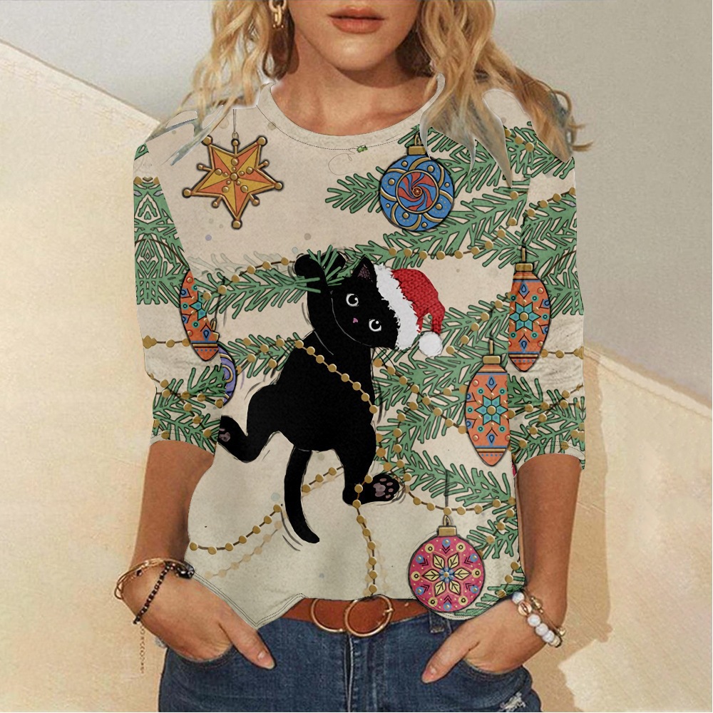 Women's Christmas Element Creative Print Long Sleeve T-Shirt