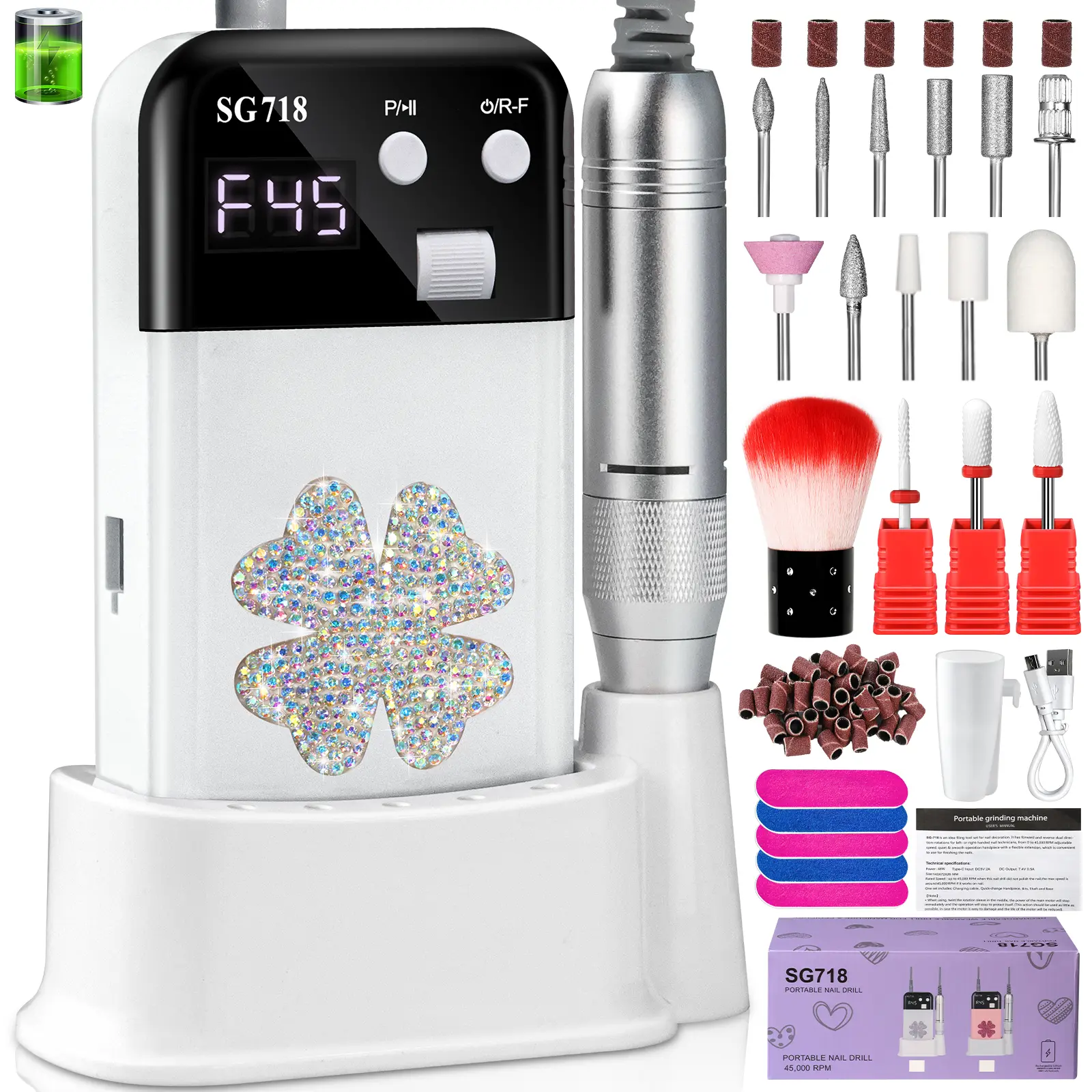 Rechargeable Nail Drill 45000 RPM - Electric Nail File For Shaping, Removing & Polishing Gel Nails-Lightweight & Easy To Use-Perfect For Home & Salon Manicure P
