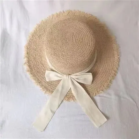 Women's Seaside Elegant Japanese Bow Flat Raffia Hat Beige - Shop at LoveMi