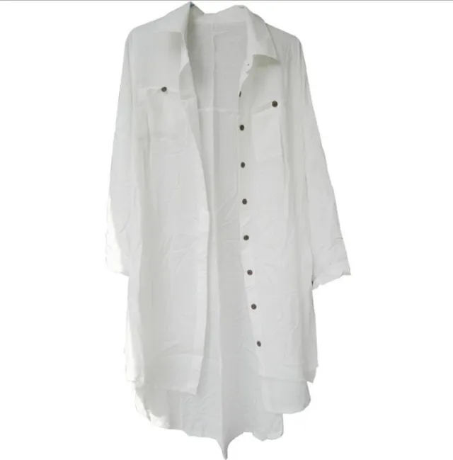 Raw Cotton Slub Single Breasted Beach Blouse Deep V Neck White - Shop at LoveMi