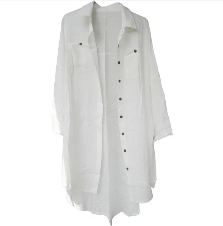 Raw Cotton Slub Single Breasted Beach Blouse Deep V Neck - White