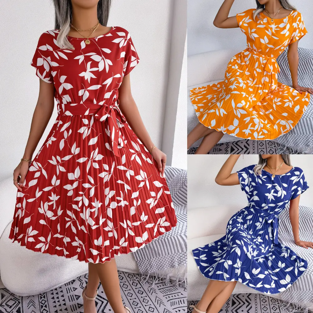 Leaf Print Dress Women Short Sleeve Lace-up Skirt Summer