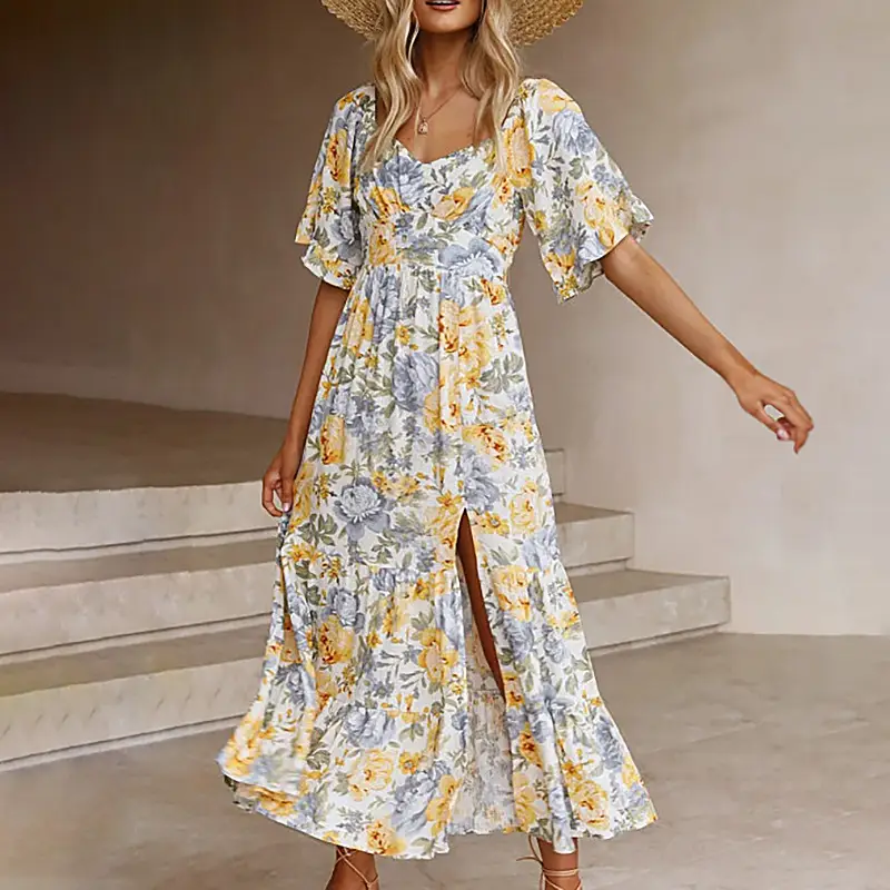 Printed V-Neck Short-Sleeved High-Waist Split Long Dress