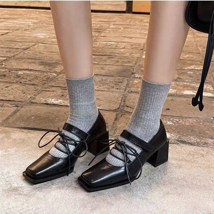 Women's Square Toe Mid-Heel Mary Janes, Niche Adjustable Velcro Strap Chunky Heel Pumps, Shallow Mouth Single Shoes