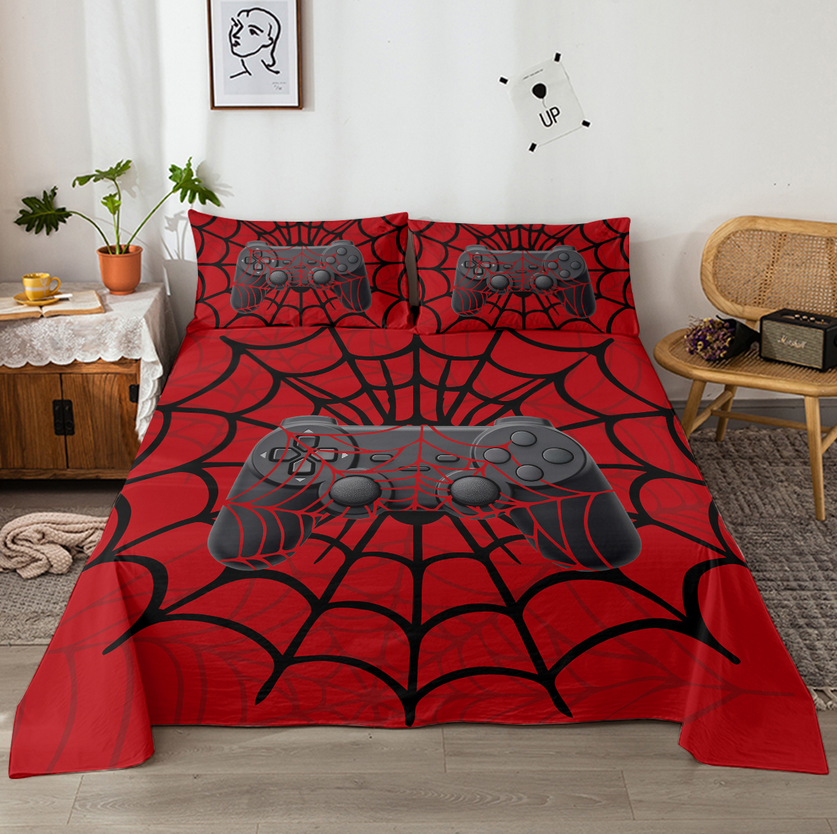 4PCS Gamer Bed Sheet Set, Red Bedding Set, Spider Web, 1 Flat Sheet,1 Fitted Sheet, 2 Pillow Cases