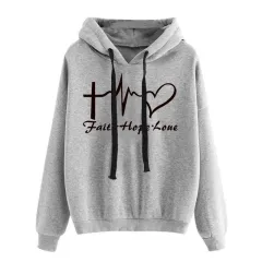 Heart Print Hoodie Sweatshirt Pullover Tops Women Long Sleeve Sports Clothes - Grey - View 1