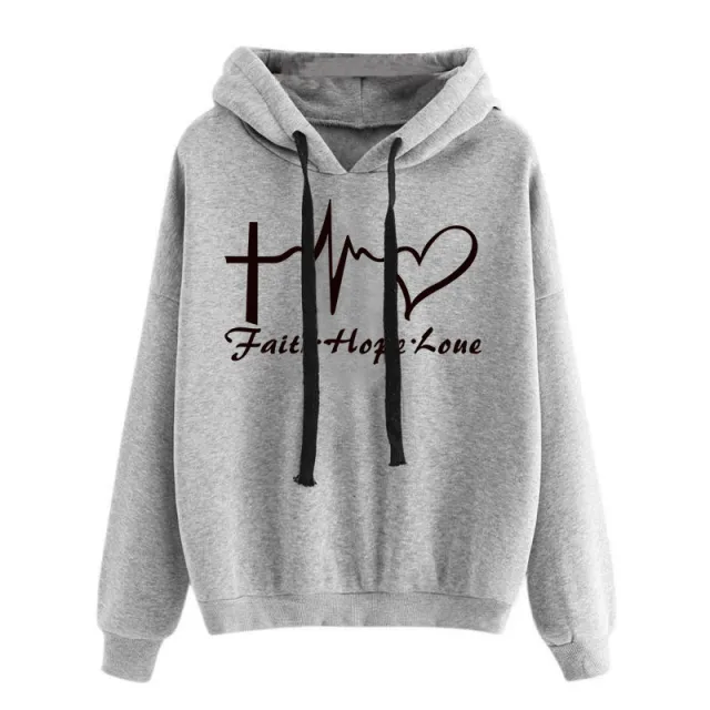 Heart Print Hoodie Sweatshirt Pullover Tops Women Long Sleeve Sports Clothes Grey - Shop at LoveMi