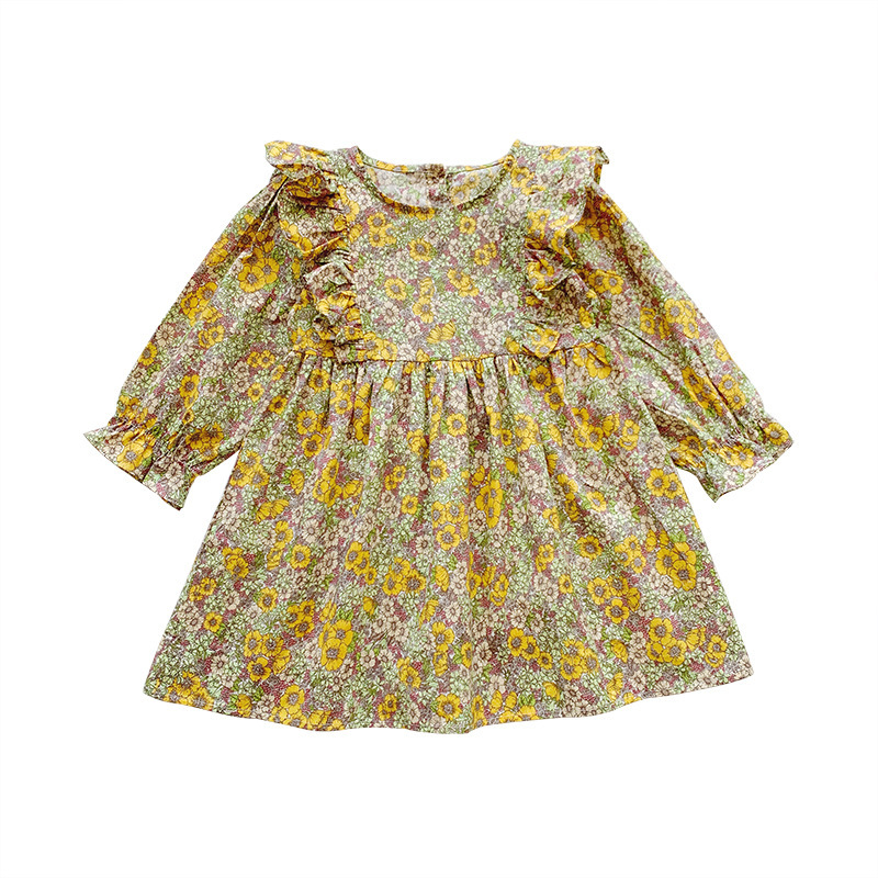 Girls' New Long-sleeved Pastoral Style Floral Dress