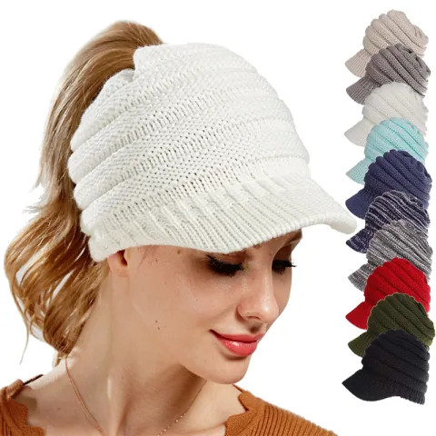 Women Ponytail Beanies Autumn Winter Hats Female Soft Knitting