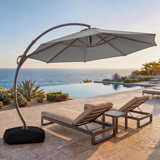 Cantilever Patio Umbrella 11ft Offset Cantilever Patio Umbrella With Base Included Large Round Aluminum Outdoor Umbrella 360 Rotation  Infinite Tilt, Heavy Duty Frame For Deck Pool