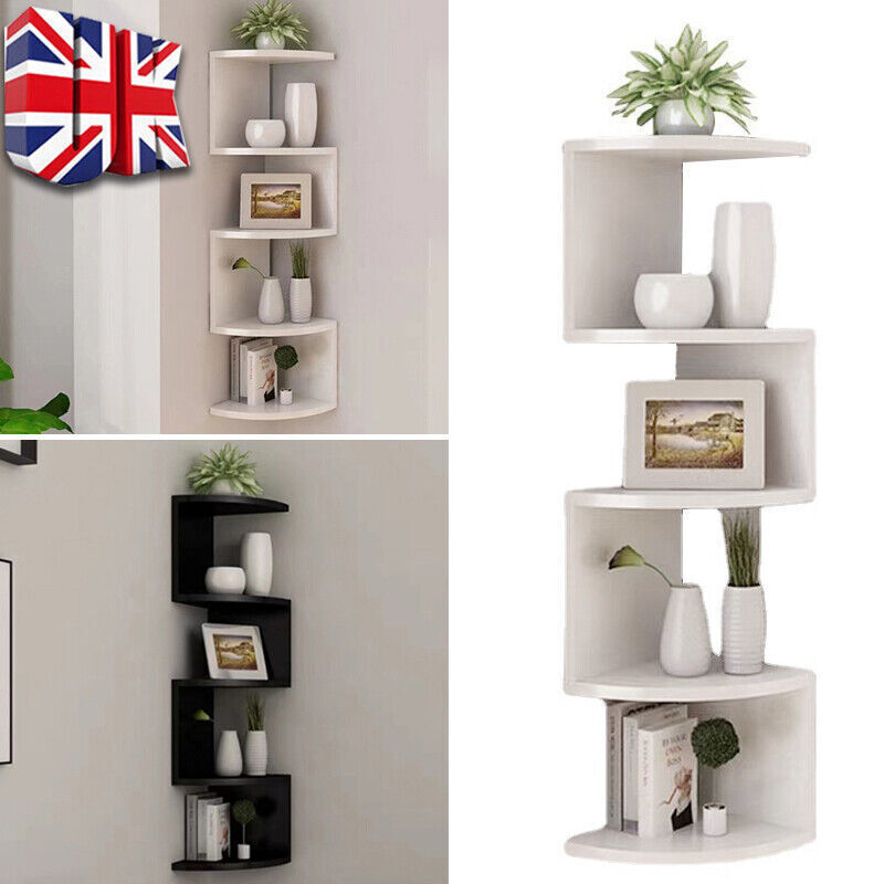 NEW White 5 Tier Floating Corner Shelf Wooden Storage Display Rack Unit Wall Mounted UK