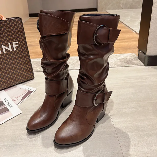 Western Cowboy Boots Women Buckle Chunky Mid Heel Shoes Brown - Shop at LoveMi