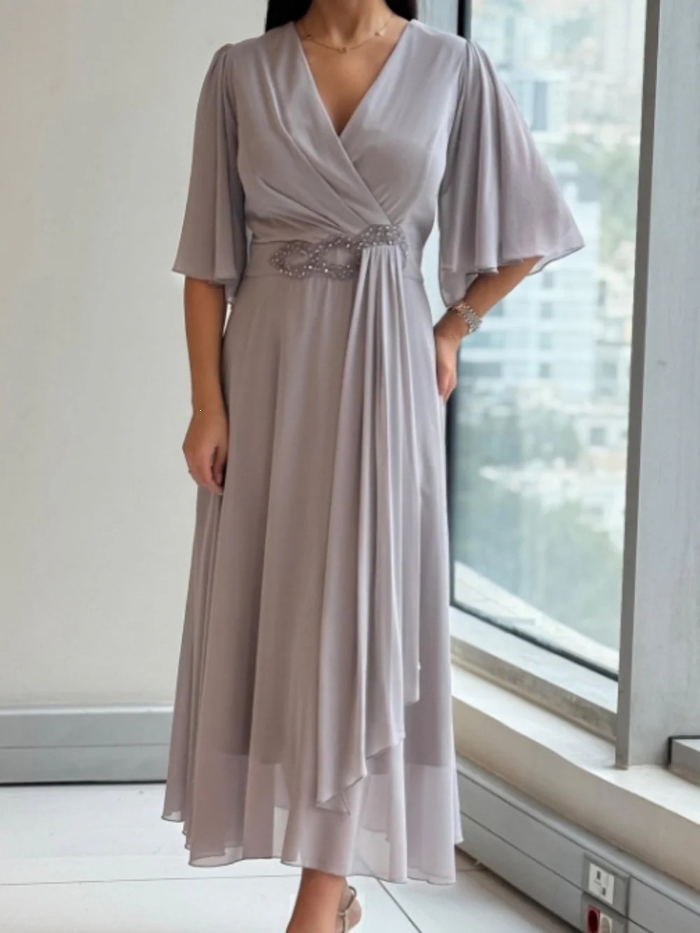 V-Neck Ruched Solid Color Long Dress