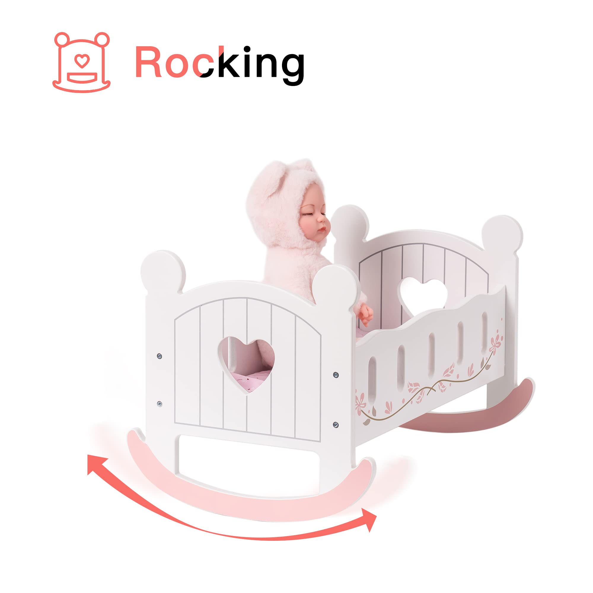 wooden doll cradle rocking baby doll crib reversible doll bed for dolls girl fits dolls up to 18 inches