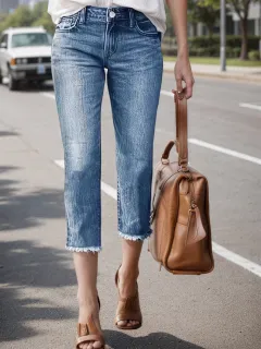 Women's Denim Pants, Fringed Hems, Built-in Zipper Closure Straight Leg Jeans, Women's Cropped Jeans - View 1