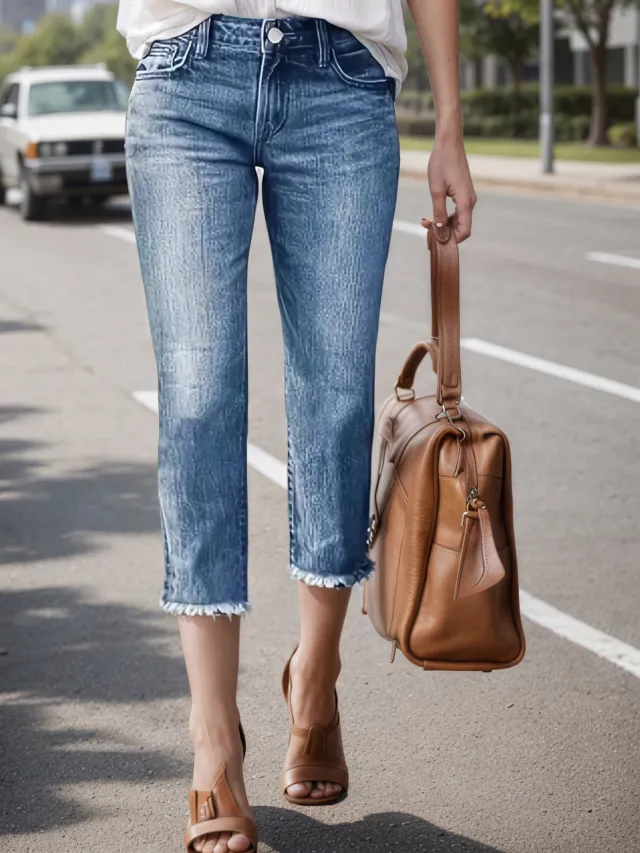 Women's Denim Pants, Fringed Hems, Built in Zipper Closure Straight Leg Jeans, Women's Cropped Jeans - Shop at LoveMi