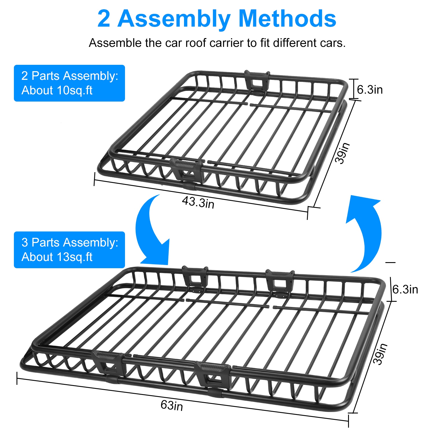 1Pc 63x39x6.3in Universal Roof Rack Cargo Carrier Car Top Luggage Holder Basket With Hook Strap Elastic Net — foto 12