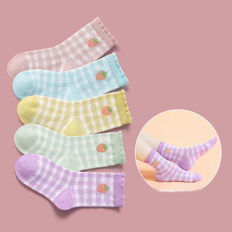 Children's Socks French Plaid Strawberry Cute Cartoon