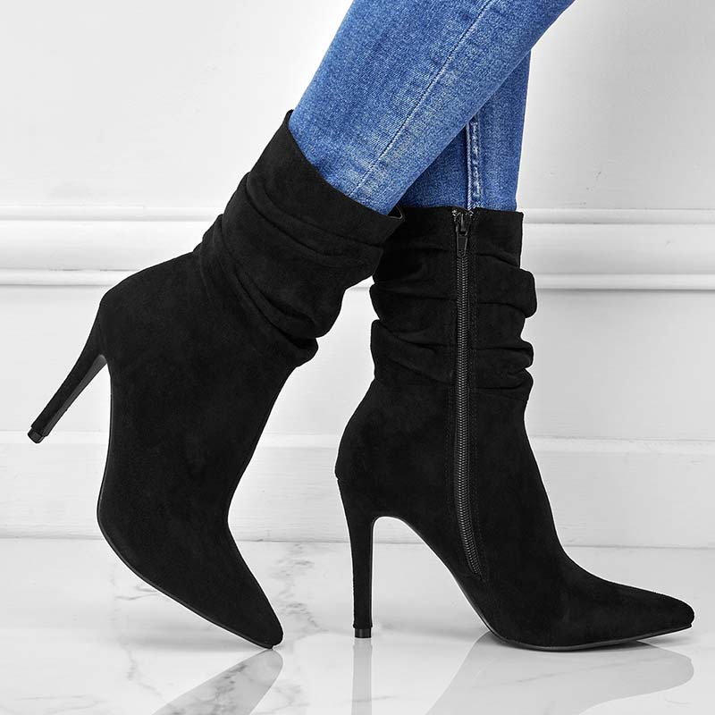 Pointed Toe Stiletto Heel Ankle Boots For Women Side Zipper Shoes Black - Shop at LoveMi