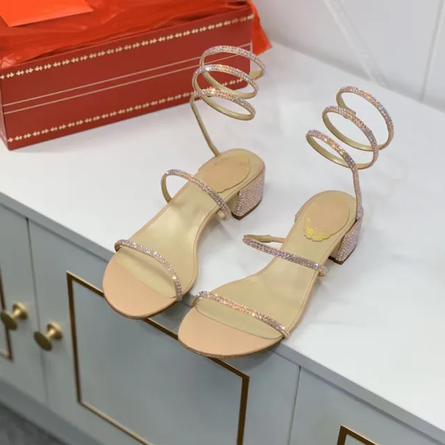 Fairy Wind Snake Wrap Summer High Heel Rhinestone Chunky Heel Women's Shoes Champagne 35 - Shop at LoveMi