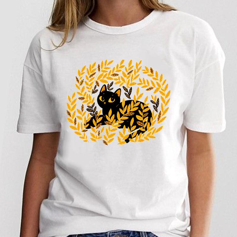 New Simple Cat Animal Cartoon Print Loose Round Neck Ladies White T-Shirt Short Sleeve