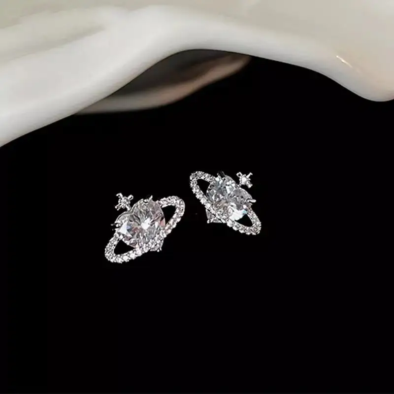 Sweet Cool Planet Loving Heart Zircon Stud Earrings High-grade Temperament Female
