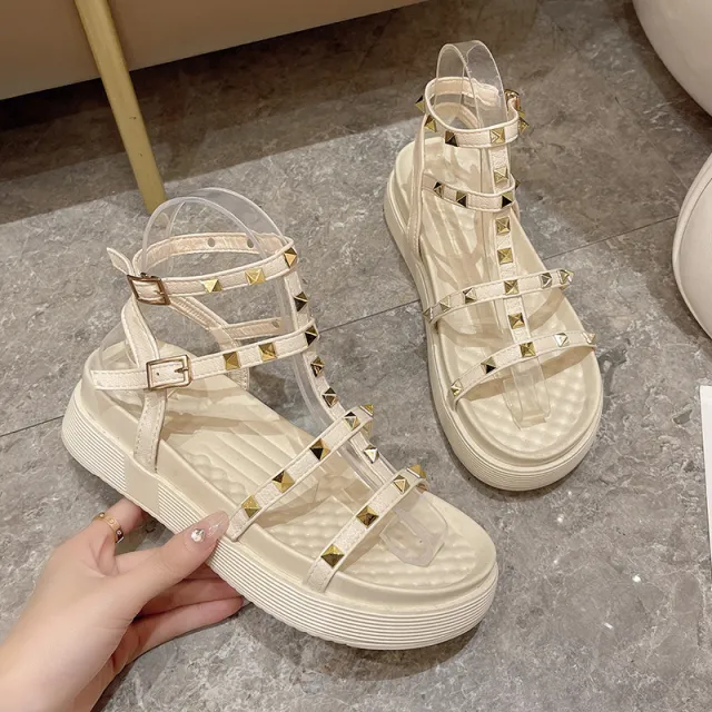 Fairy Style Roman Sandals For Women Round Toe Flats Rivet Platform Sandals For Women Beige - Shop at LoveMi