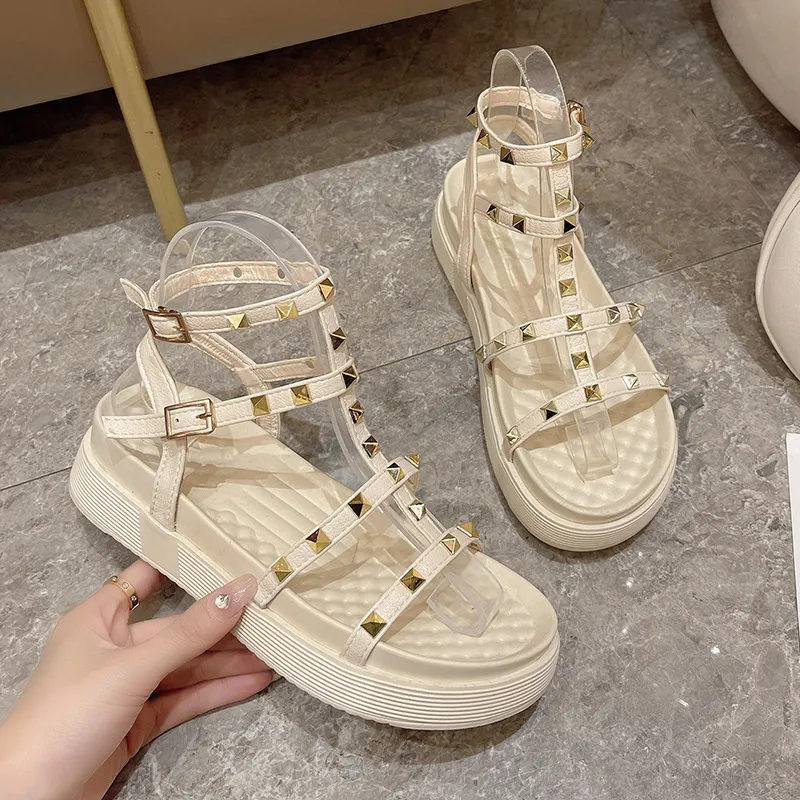 Fairy Style Roman Sandals For Women Round Toe Flats Rivet Platform Sandals For Women - Beige