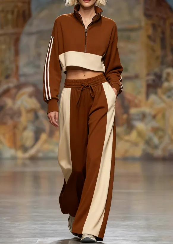 Short sleeved Stand collar Zippered Sweater With Wide leg Pants Two piece Set Coffee - Shop at LoveMi
