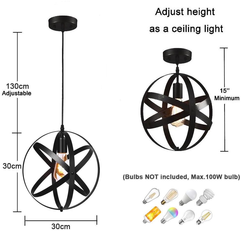 Industrial Spherical Ceiling Light Fitting Pendant Lighting Adjustable Cord UK — image 5