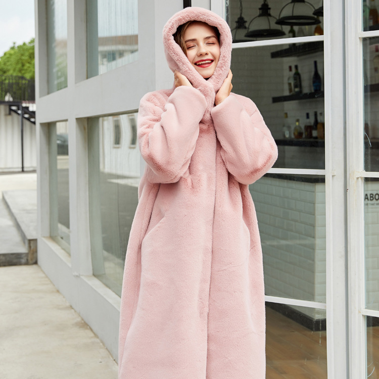 Mink Fleece Long Hooded Rabbit like Plush Coat Pink - Shop at LoveMi