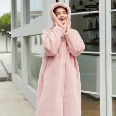 Mink Fleece Long Hooded Rabbit-like Plush Coat - Pink - View 1