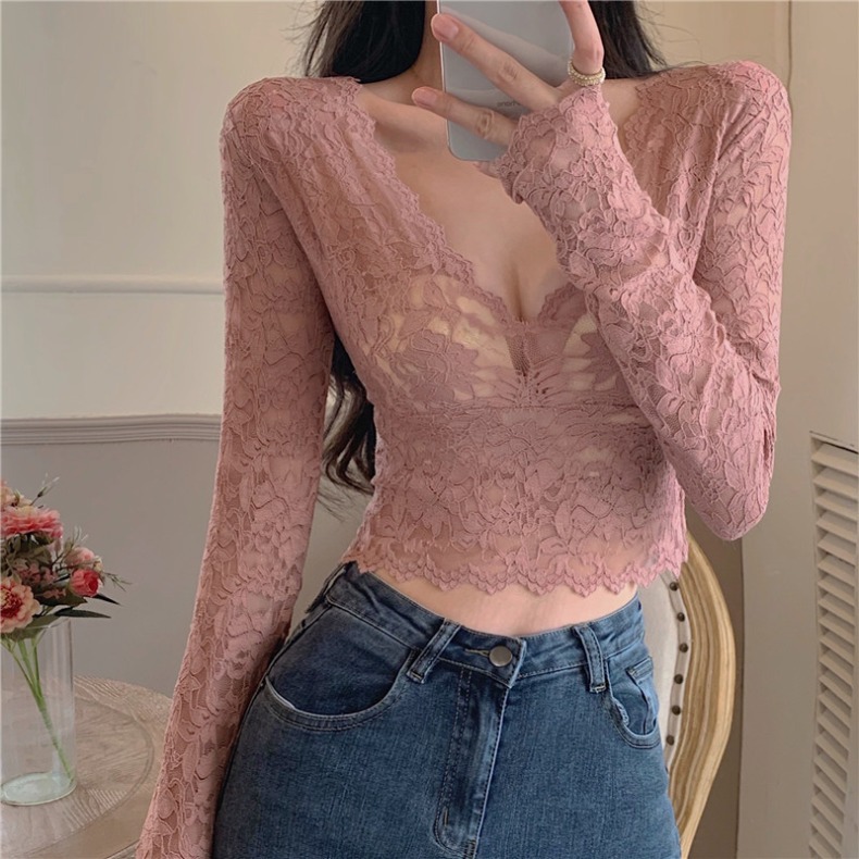 Lace Bottoming Shirt With Inner Cropped Body-fitting Women's Top