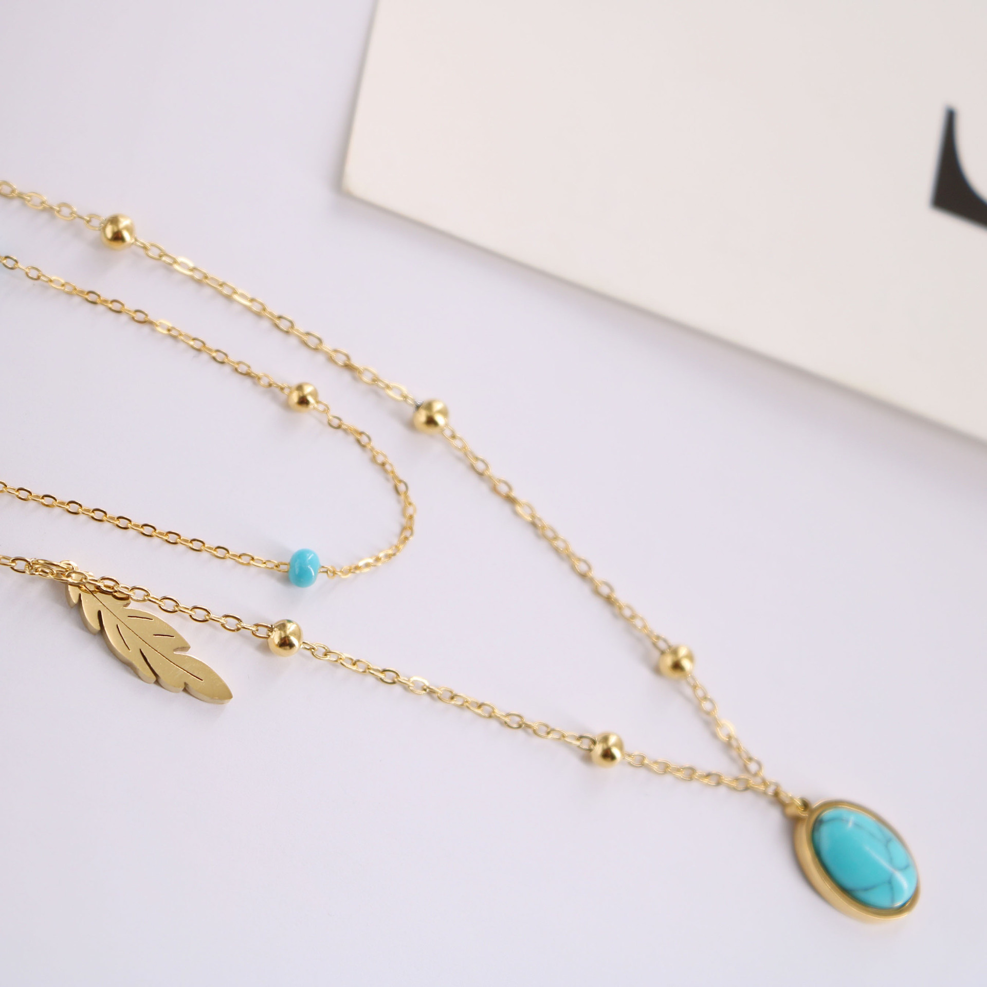 Natural Turquoise Oval Double Necklace Female