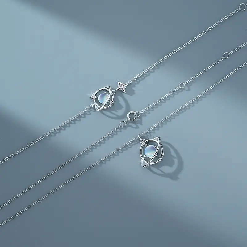 Sterling Silver Moonstone Planet Necklace Female Simple Temperament Asteroid Clavicle Chain