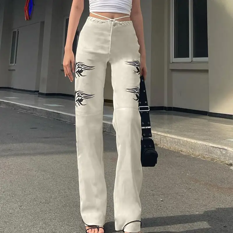 High-waisted Cross-lace Fashion Printed Trousers