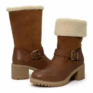Fashion Boots With Buckle Chunky Heel Shoes Warm Winter Round Toe Western Boots For Women - Brown