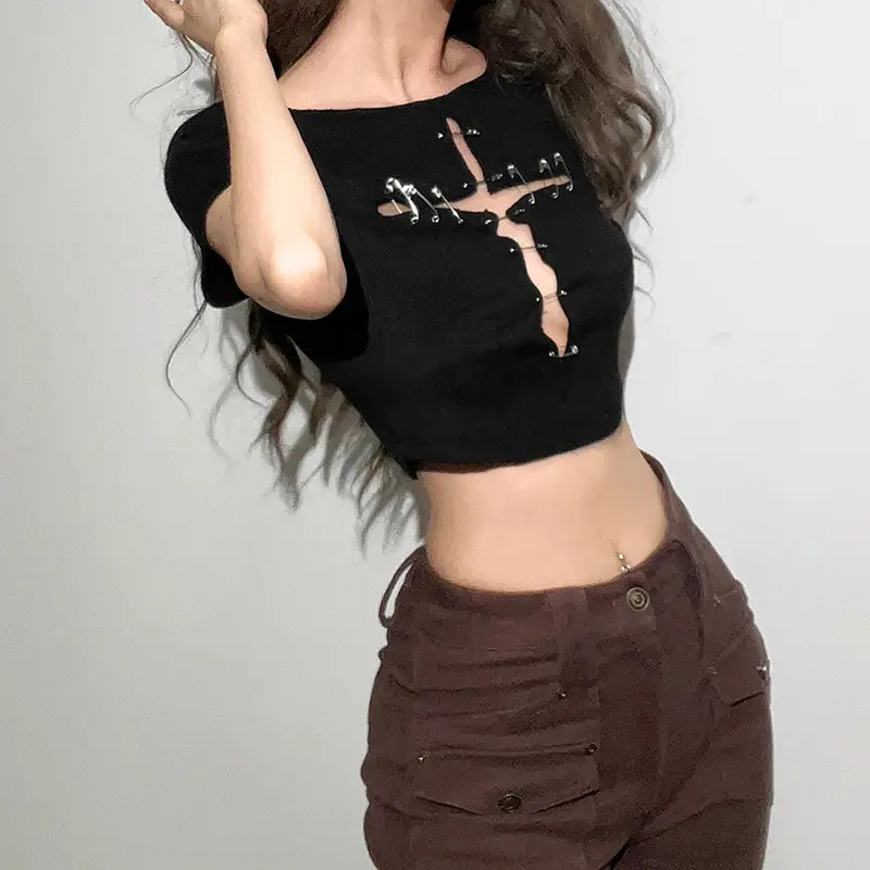 Women's Slim Cropped Navel Fashion Round Neck Hollow T-shirt Women