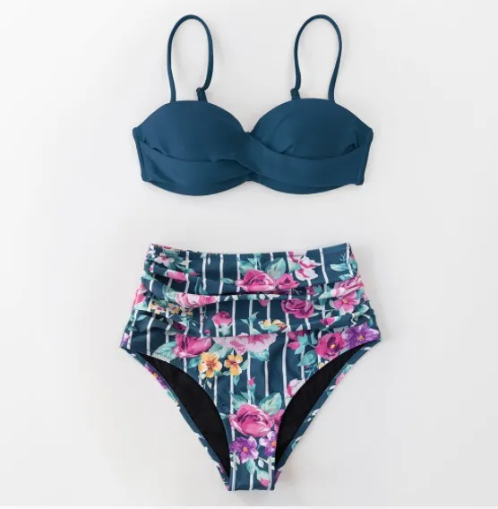 Ladies Heart Collar High Waist Two Piece Swimsuit - C-Xl