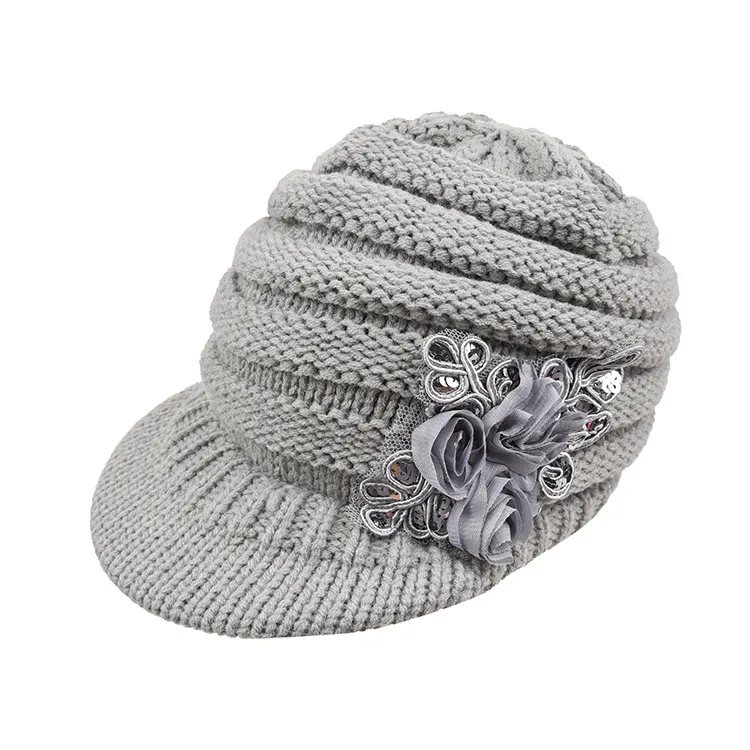 Women's Sequin Applique Ear Protection Wool Hat - Grey