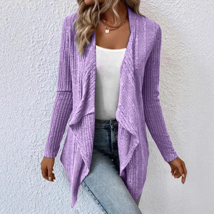 Solid Color Fashionable Ribbed Knitted Cardigan Long Sleeve Sweater