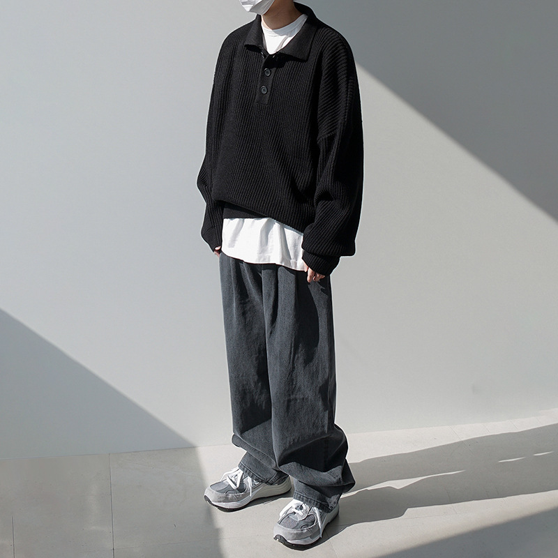 Knitted Polo Shirt Men's Korean Style Loose