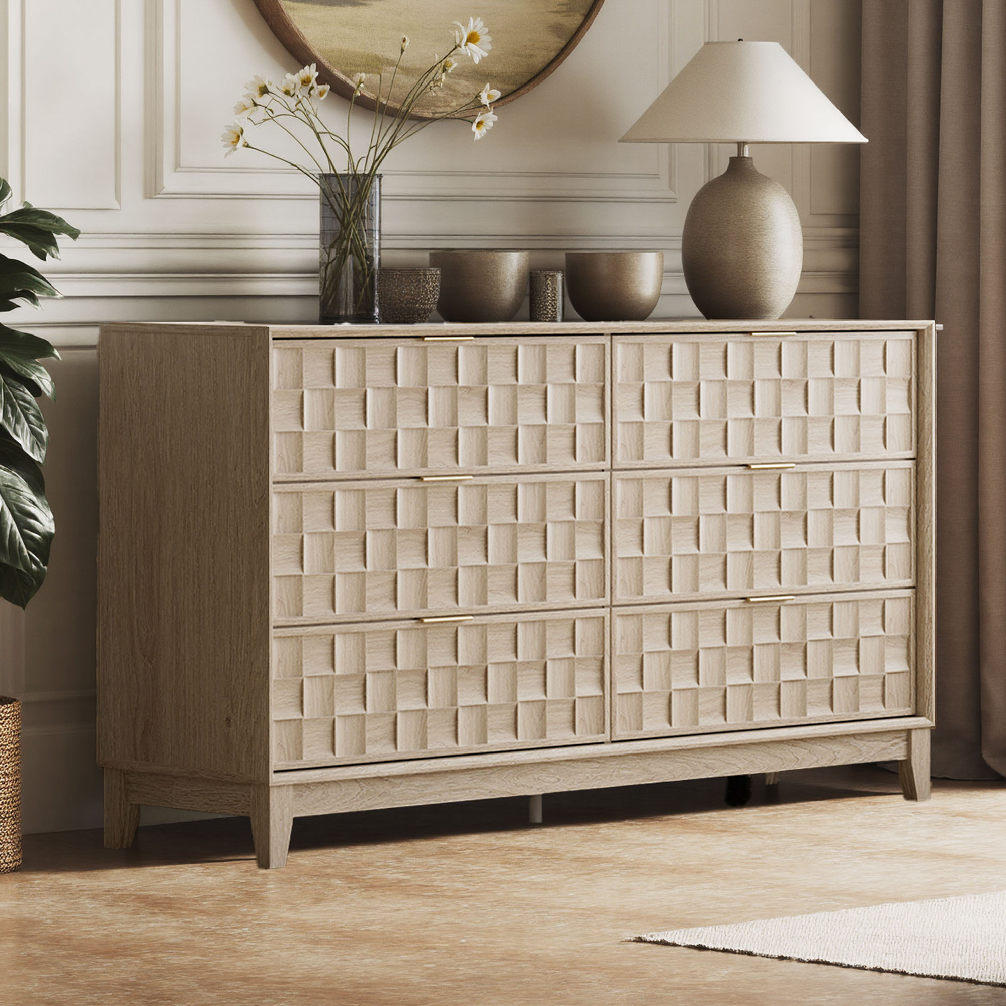 Modern Wooden 6 Drawer Dresser 55in, Side Board Buffet Storage Cabinet, Accent Cabinet With Metal Handles, Oak