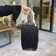 Pearl Chain Tote Bag Fringed Small Square Bag - Black - View 1