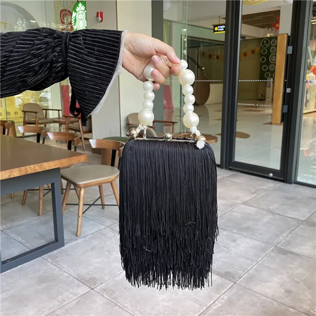 Pearl Chain Tote Bag Fringed Small Square Bag Black - Shop at LoveMi