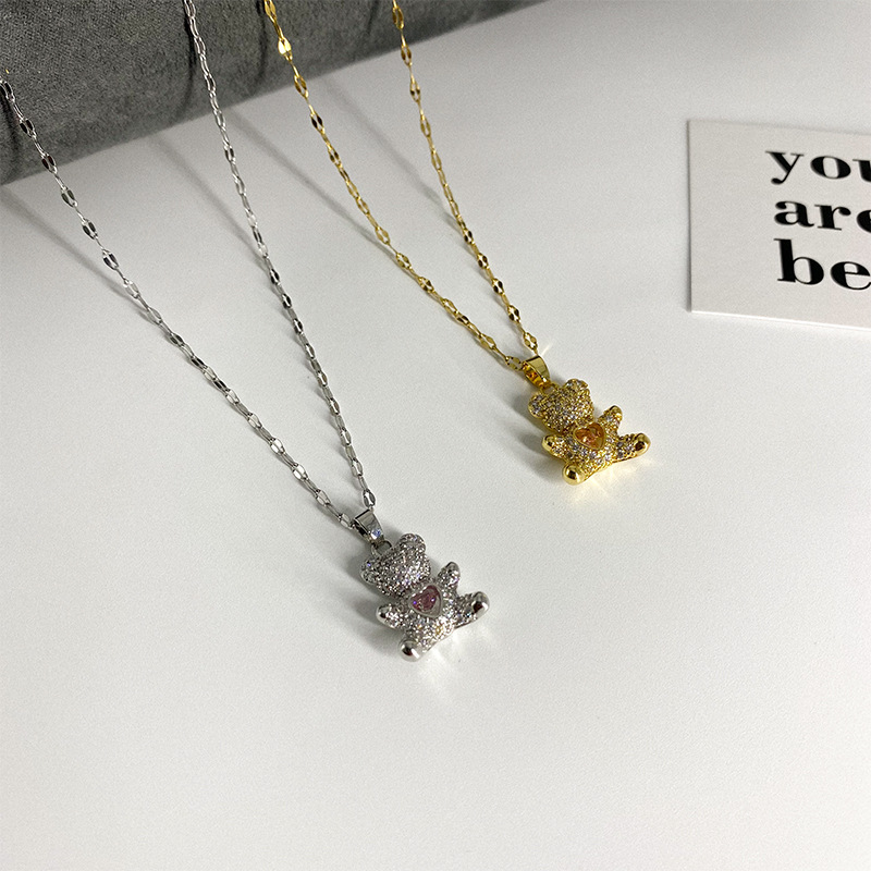 Micro-encrusted Diamond Love Heart Hollow Bear Titanium Steel Simple