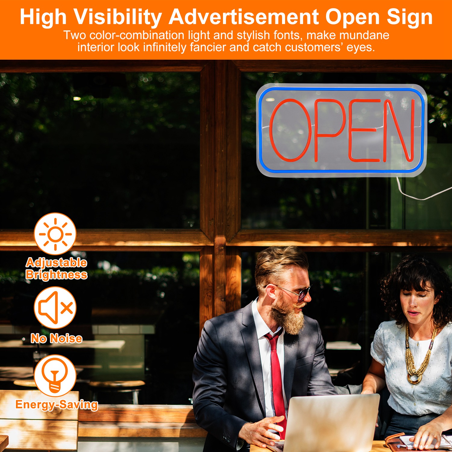 1Pc LED Open Sign 16.5x9.1in Business Neon Open Sign Advertisement Board With 11 Levels Adjustable Brightness